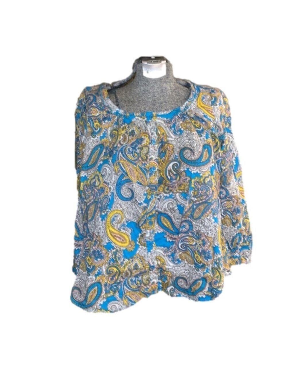 H&M turquoise, white, pink, yellow and black paisley long sleeve blouse size 4